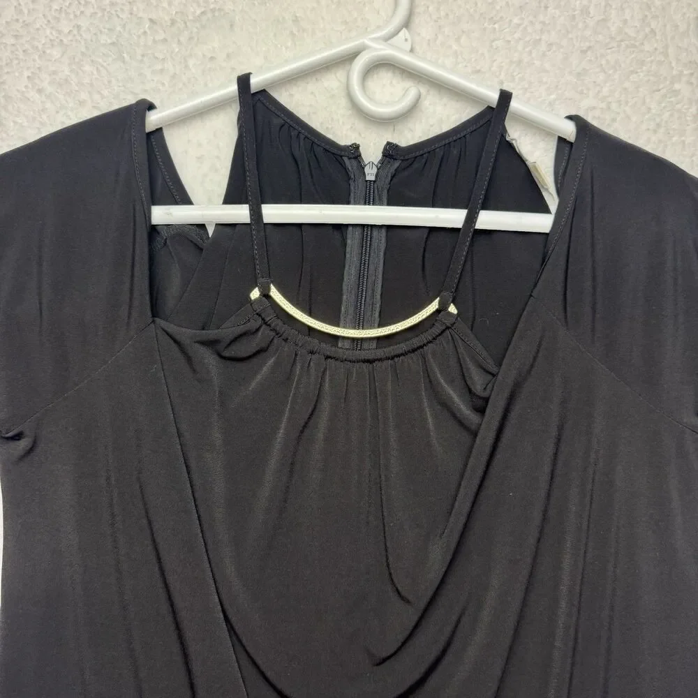 Michael Kors Cold Shoulder Top Womens XL Black Gold Accent Neck Zip Long Sleeve